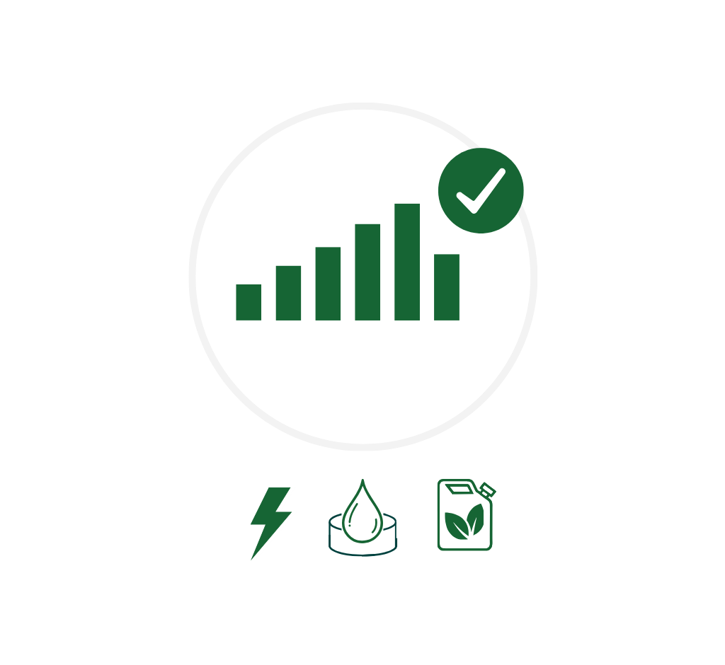Illustration: performance chart with energy, water and fuel icons