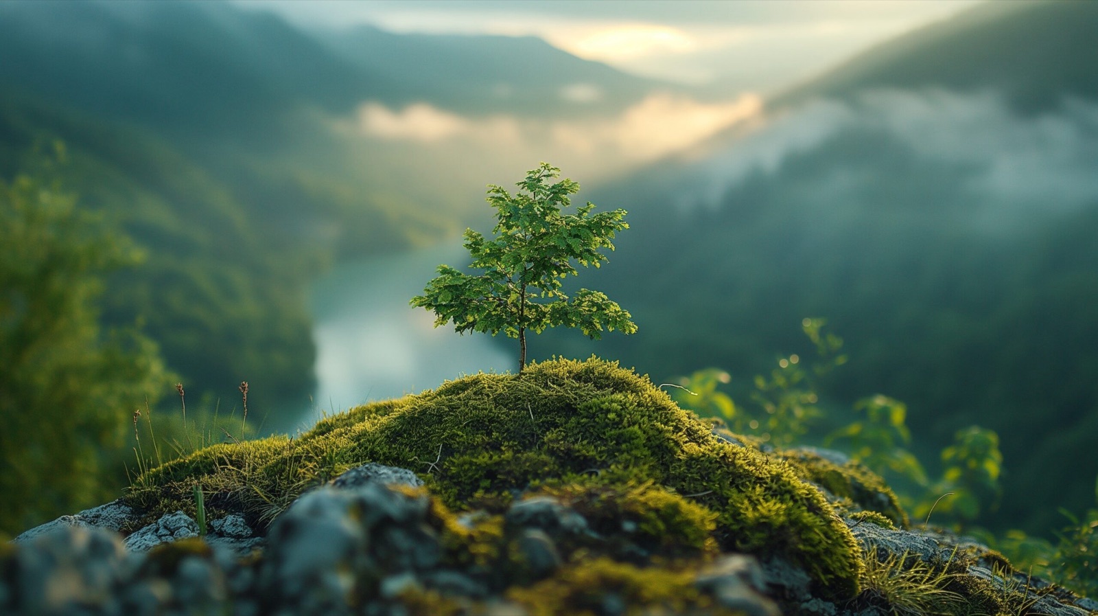A young tree growing on a mossy outcrop above a misty river valley